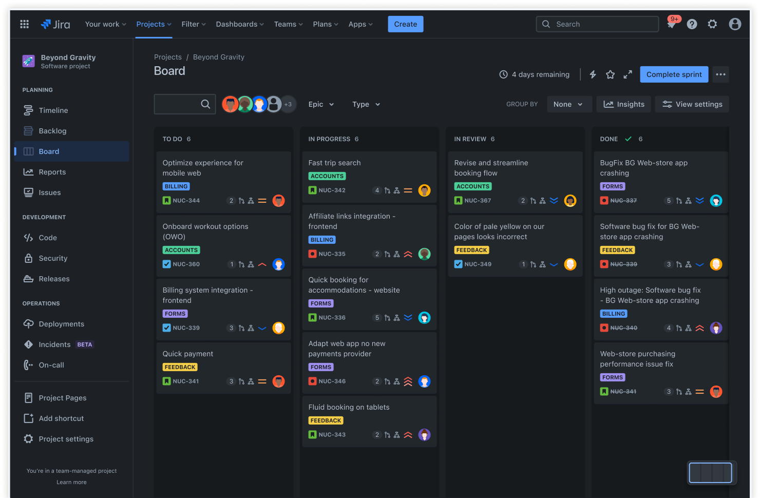 Captura de pantalla del tablero de Scrum.